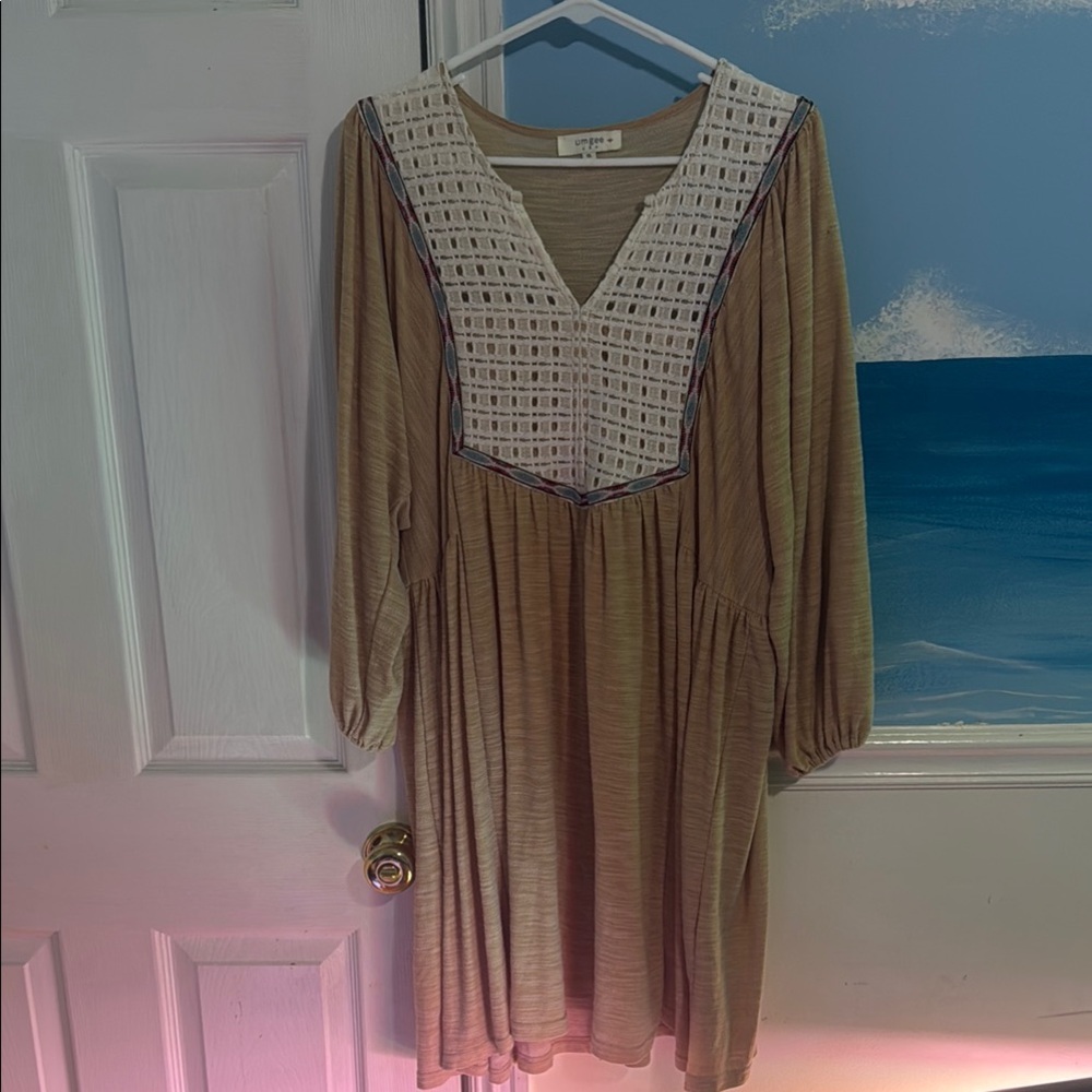 Umgee Tan Long Sleeve Dress with Crochet Detail